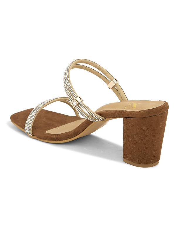 XE Looks Tan Fashion Sandals | Faux Leather Trendy and Stylish Block Heel | For Wedding Occasion 3 Inches Heel | For Women & Girls