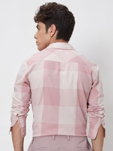 MUFTI Men Casual Shirt | Slim Fit Spread Collar Checked Design | 100% Cotton Breathable Fabric with Full Sleeves & Curved Hem | Perfect for Smart Casual Outings| Soft Pink 6XL