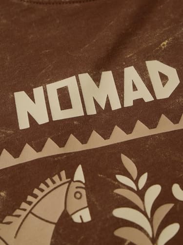 The Souled Store Nomad: Brown Men and Boys Short Sleeves Round Neck Brown Ethnic Graphic Casual Drop Shoulder Streetwear Trendy Cotton Super Oversized T-Shirt