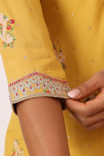 W for Woman Mustard Yellow Printed Short Shantung Kurti, Culottes and Dupatta Set (Size: XS)-WS12644-125062