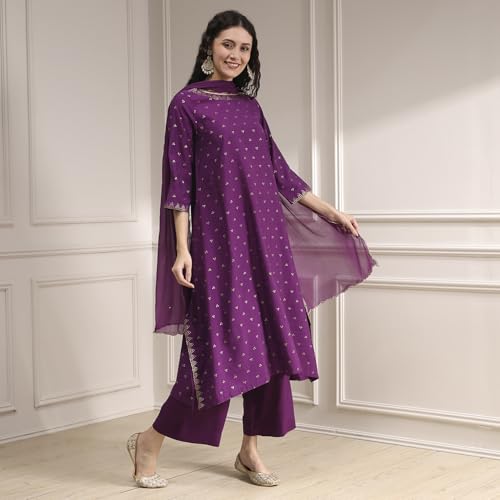Biba Women Purple Polyseter Blend Straight Printed Kurta Set_46