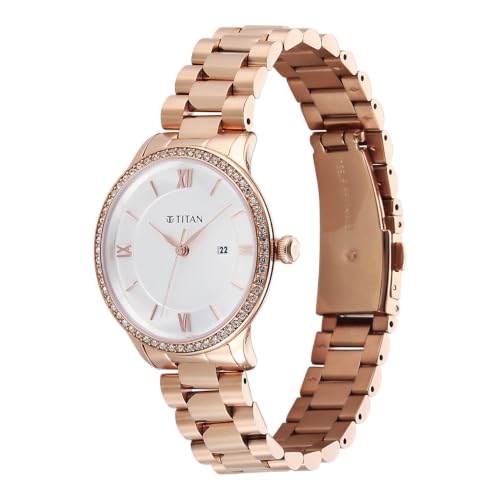 Titan Purple Prestige Quartz 3 Hands + Date Round White Dial, Rose Gold Stainless Steel Strap Watch for Women - 95247WM02