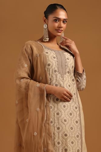 Soch Womens Beige Mul Chanderi Botanical Salwar Suit With Machine Embroidery and Thread Work