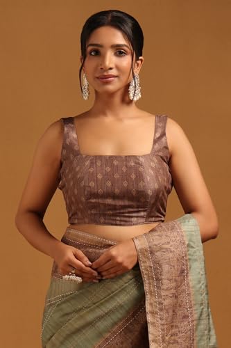 Soch Womens Light Green Tussar Ethnic Motifs Saree With Kantha Embroidery
