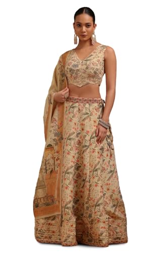 Soch Womens Beige Tissue Botanical Print Ghagra Choli With Thread Work