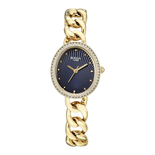 Titan Raga Spotlight with Quartz Analog Blue Dial Gold Brass Strap Watch for Women - 95429YM01