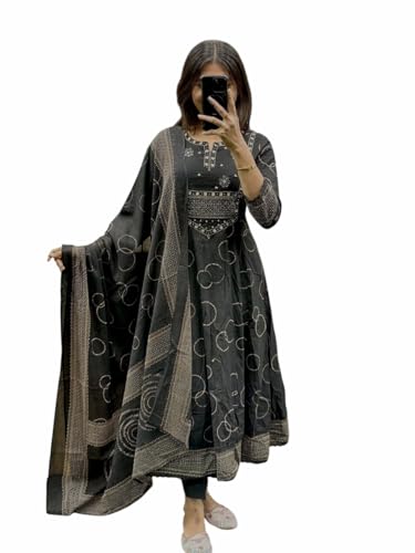 Women's Anarkali Kurta Set with Dupatta, Bandhani Print, 3-Piece Ethnic Suit (IN, Alpha, M, BLACK)