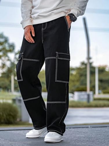 URBAN POCKETS Jeans for Men | Denim Cargo Pants with Baggy Fit Utility Pockets & Streetwear Stitch Design (Black-Cargo-U01-32)