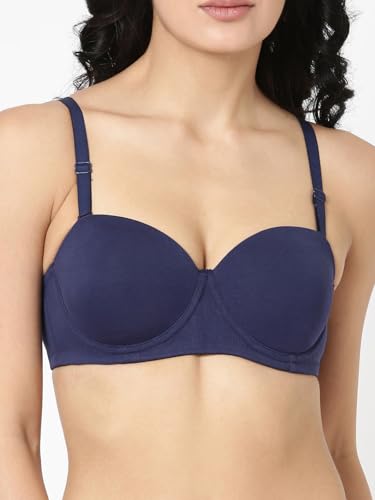 BLOSSOM Strapless Bra Double Layered Seamless Medium Coverage Anti Bacterial Padded Wired Detachable Straps T-Shirt Bra Navy Blue