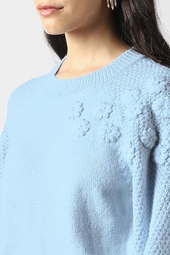 Women Light Blue Embroidered Round Neck Sweater