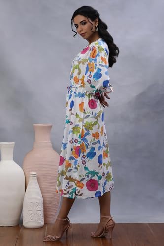 W Women White Floral Print Cotton Straight Dress_24FEW11363-810664_3XL