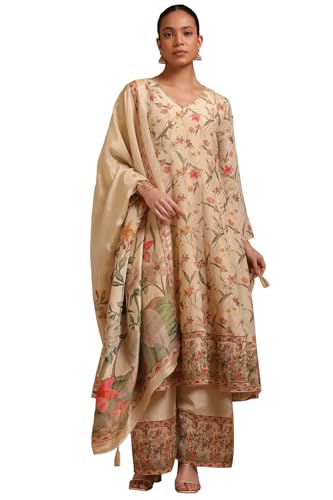 Soch Womens Beige Tissue Floral Print Suit Set With Cutdana