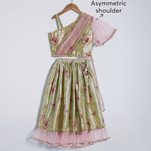 Hopscotch Girls Asymmetrical Yellow 2-Pc Ruffle Embellished Lehenga Choli Set For Ages (6-7 Years)
