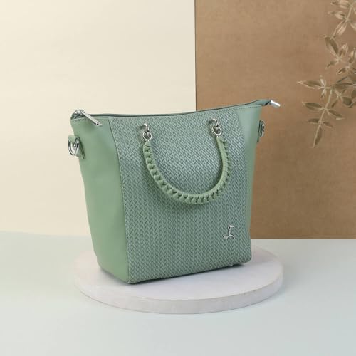 Mochi Women Green Faux Leather Premium Logo Multi-Pocket Tote Bag(66-412)