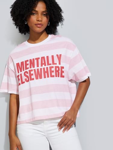 Max URB_N Women Striped Boxy Fit T-Shirt (Pink_L)