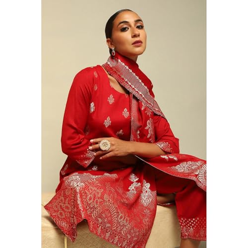 Rangriti Women Red Acrylic Straight Yarn Dyed Kurta Palazzo Suit Set_46