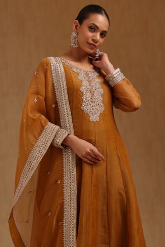 Soch Womens Mustard Tissue Embroidered Suit Set With Stone Work
