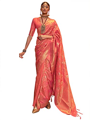 AKHILAM Women's Woven Design Silk Blend Saree With Unstitched Blouse Piece (Peach_KAIROS258006)