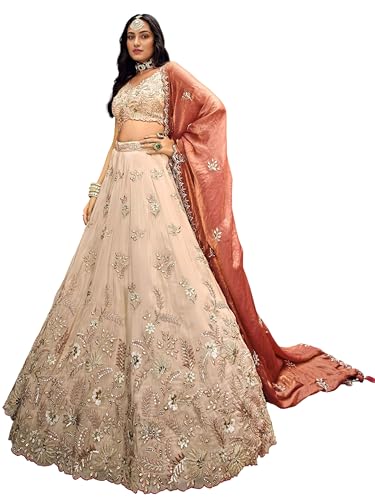 Zeel Clothing Women's Dori, Sequins and Thread Embroidered Work Cosmos Silk Lehenga Choli With Dupatta (6019-Copper-Women-Lehenga-Choli; Free size)