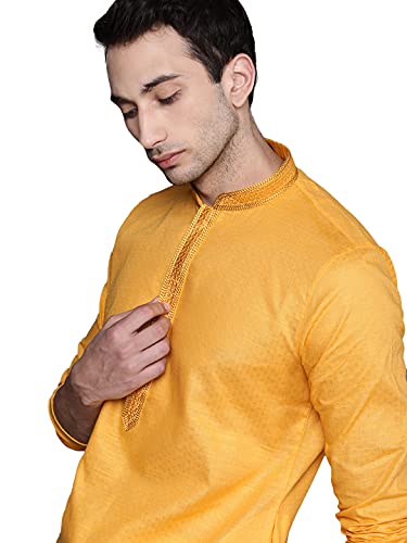 Manyavar Plain Knee Long Kurta and Churidar Set for Men - (Yellow, Large)