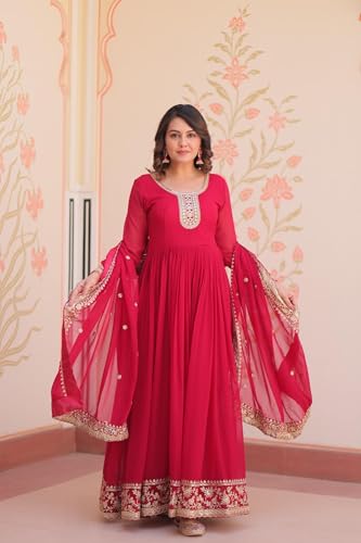 Mehervaa by vinni Red Anarkali Suit Set with Embroidered Dupatta, Long Sleeve Gown Style, Golden Zari Work, Traditional Indian Ethnic Wear (IN, Alpha, 2XL, Regular)