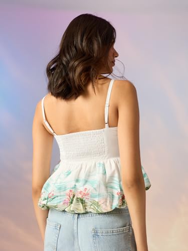 The Souled Store Serene Women and Girls Sleeveless Square Neck White and Mint Floral Print Embroidered Cotton Regular Fit Lightweight Breathable All-Season Comfortable Peplum Top