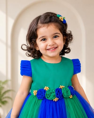 Stanwells Kids Baby Girl Peacock Blue Net Frock Birthday Kids Dress for Girls Short Sleeve Flared Knee Length 2-3 Years