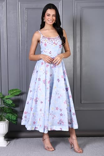 W for Woman Blue Floral Printed Thread Work Chanderi Flared Dress and Dupatta Set (Size: 3XL)-WS12493-125416