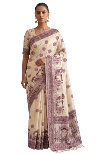 Label Aarna Women's Wine Cotton Saree with Unstitched Blouse Piece | Woven | Traditional Weave Borders | Workwear Saree