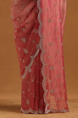 Soch Womens Onion Pink Fendy Organza Embellished Saree With Stone Work
