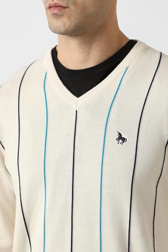 Men Beige Stripe V Neck Sweater