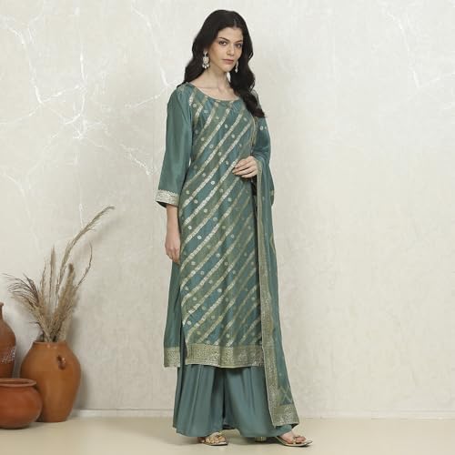 Biba Women's Teal Art Silk Woven Unstitched Suit Set