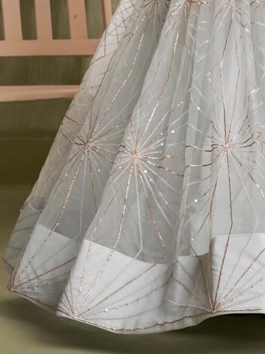 Zeel Clothing Women's Net Semi-Stitched Thread Sequins Work Embroidery Soft Lehenga Choli with Dupatta (NFH-2207-Light-Grey--Lehenga-Choli-Latest; Free Size)