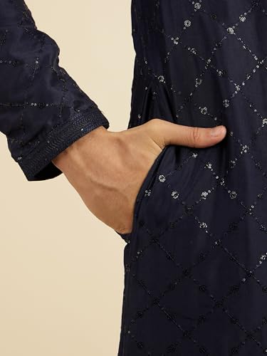 Manyavar Men's Art Silk Sequin Work Kurta Pyjama Set (Dark Blue,XL)