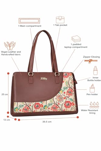 Zilly Women’s Office Essential Tote Bag |Handcrafted Vegan Leather | Elegant Work & Laptop Shoulder Bag | Malligai Blossom pattern