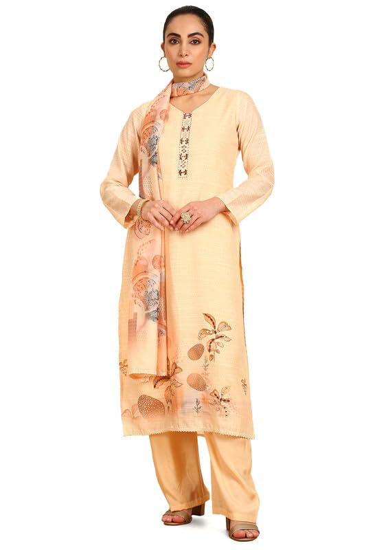 Soch Womens Light Yellow Abstract Print Linen Unstitched Dress Material With Mirrors