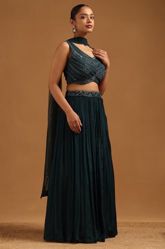 Soch Womens Teal Chinon Embellished Lehenga Choli With Sequins