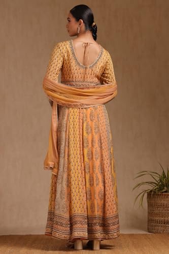 Soch Womens Mustard Viscose Botanical Print Gown with Sequins