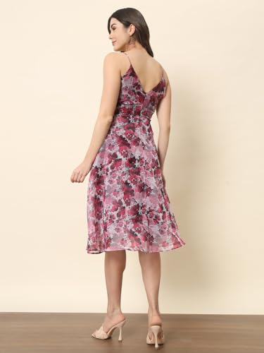 Trend Arrest.ed Women’s Floral Fit & Flare Midi Dress | V-Neck Organza Dress with Lining | Lightweight Spaghetti Strap Style for Brunch, Travel & Day Events (D5365_Multicolour_L)