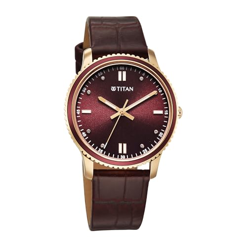 Titan Purple Sports Fashion Quartz Maroon Dial Leather Strap Watch for Women