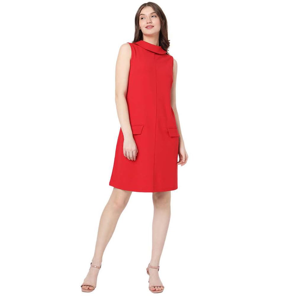 VERO Moda Solid Polyester Turtle Neck Women's Knee Length Dress (RED, XS)