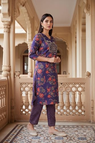 W for Woman Purple Floral Printed Japanese Satin Straight Kurta with Straight Pant and Dupatta Set (WS13280-126644-M)