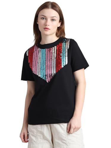 ONLY Women Embellished Cotton Black T-Shirt