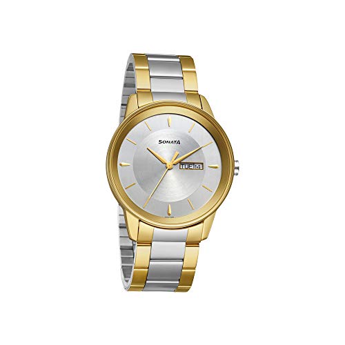 Sonata Quartz Analog With Day & Date Silver Dial Two Toned Silver & Gold Stainless Steel Strap Watch for Men - NT7133BM03