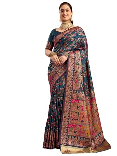 Satrani Women's Silk Kashmiri Minakari Weaving Saree with Unstitched Blouse Piece (4314S605N_Rama Blue)