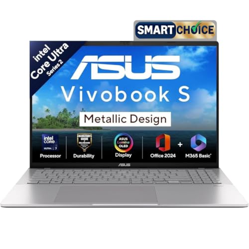 ASUS Vivobook S16 OLED,Smartchoice,Intel Core Ultra 7 255H,16GB RAM,512GB SSD,16", Win11, Office 2024, M365 Basic(1Y), Cool Silver, 1.7Kg, S3607CA-SH077WS, Intel Arc iGPU,Metallic Design Laptop, AI PC