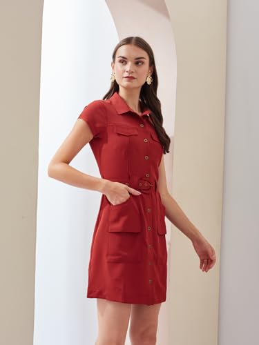Latin Quarters Women's Rust Short Sleeves Collared Solid Casual Mini Dress_M