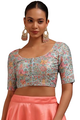 Soch Womens Powder Blue Art Silk Floral Print Padded Blouse with Zari