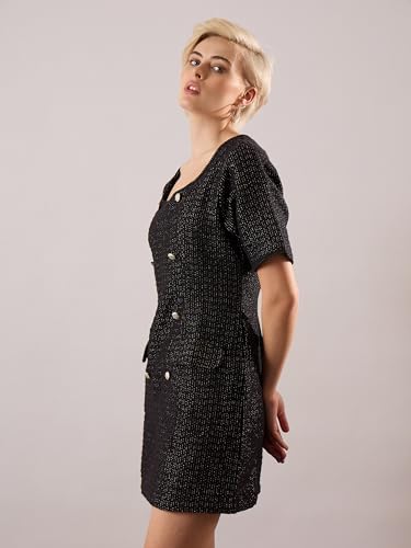 Sassafras Women Black Tweed Round Neck Short Dress S