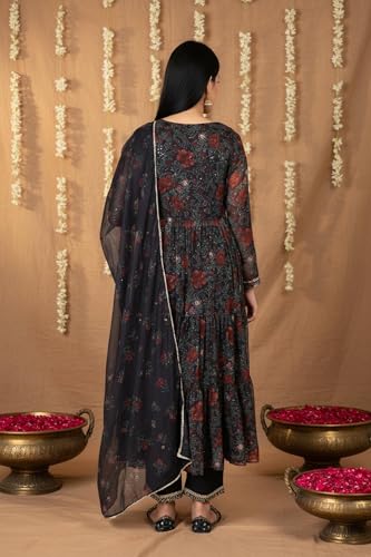 W for Woman Black Floral Printed Chiffon Flared Kurta with Straight Pant and Dupatta Set (WS13197-126216-L)
